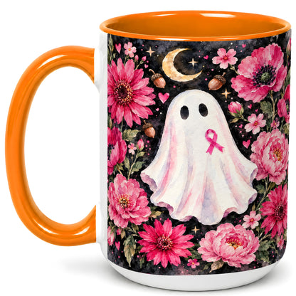 #pl[15oz|Orange] Pink Floral Ghost Coffee Mug, Awareness Ribbon Moon Mug, Ceramic Cup