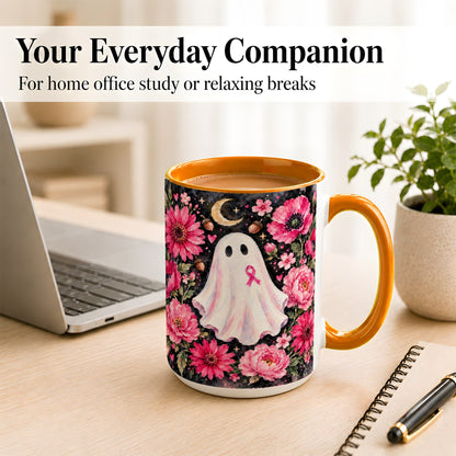 #pl[15oz|Orange] Pink Floral Ghost Coffee Mug, Awareness Ribbon Moon Mug, Ceramic Cup