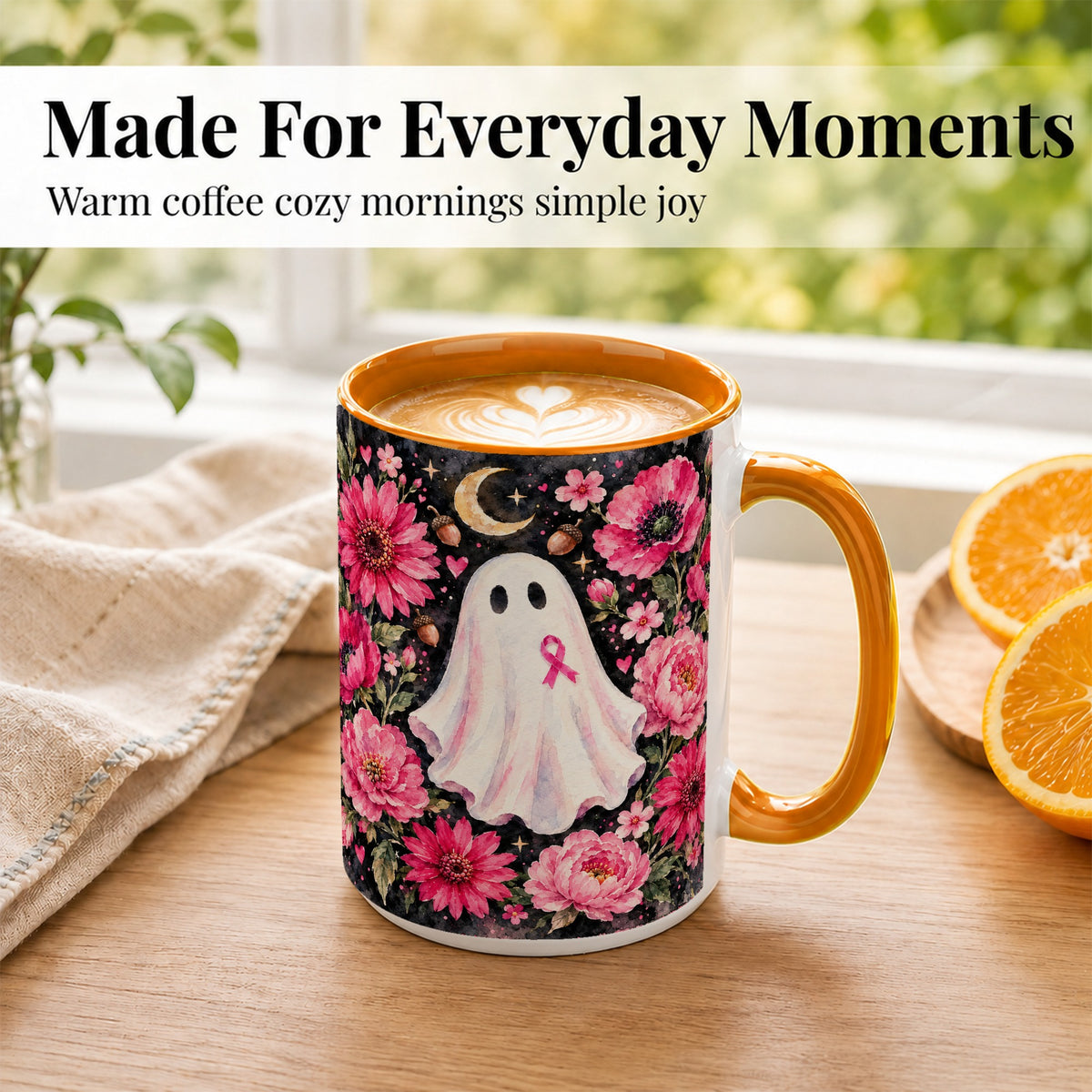 #pl[15oz|Orange] Pink Floral Ghost Coffee Mug, Awareness Ribbon Moon Mug, Ceramic Cup