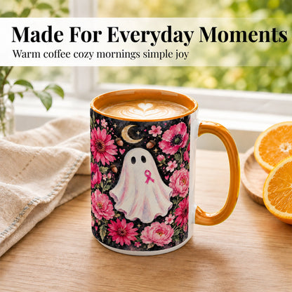 #pl[15oz|Orange] Pink Floral Ghost Coffee Mug, Awareness Ribbon Moon Mug, Ceramic Cup