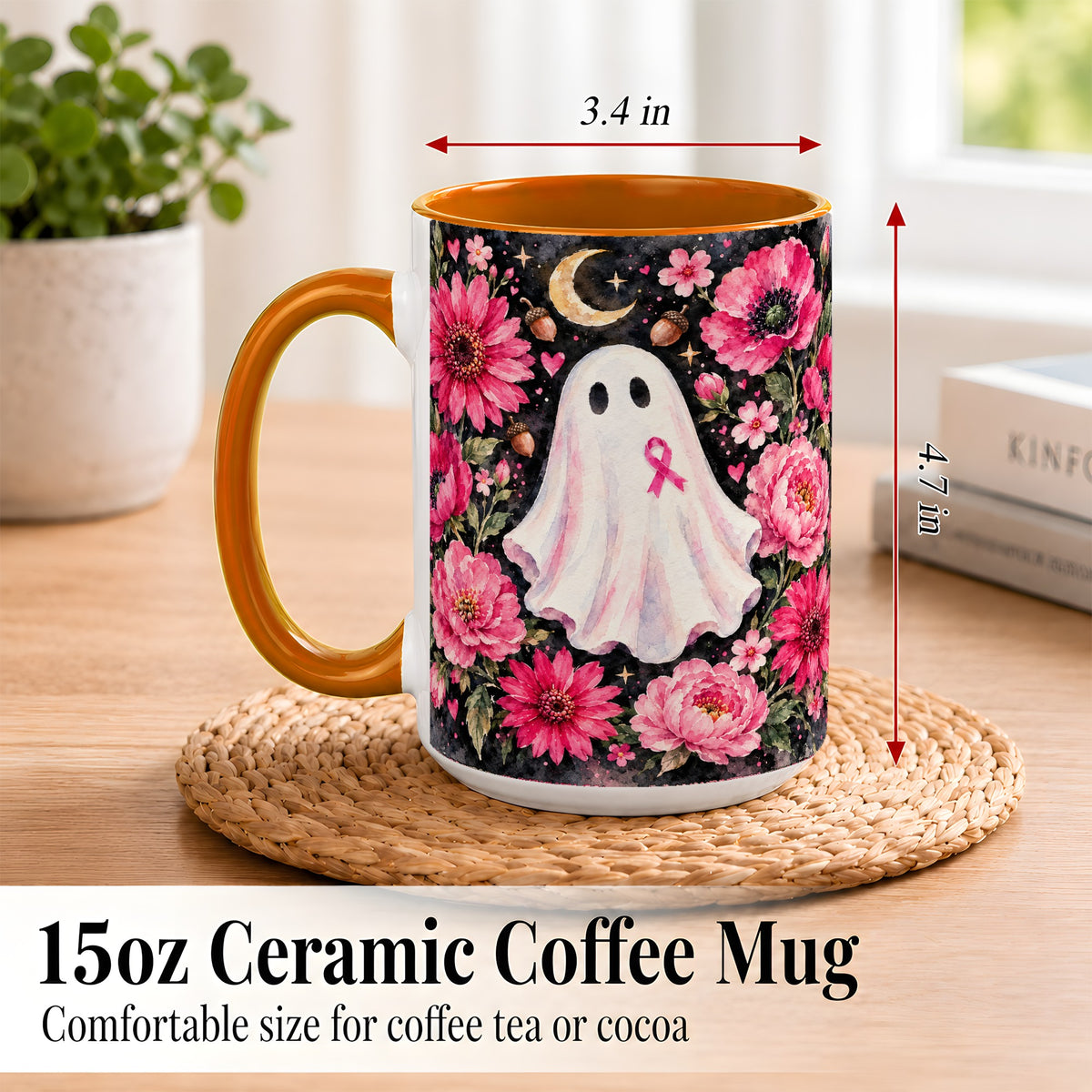 #pl[15oz|Orange] Pink Floral Ghost Coffee Mug, Awareness Ribbon Moon Mug, Ceramic Cup