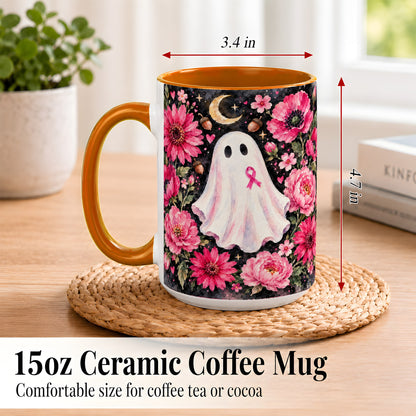 #pl[15oz|Orange] Pink Floral Ghost Coffee Mug, Awareness Ribbon Moon Mug, Ceramic Cup