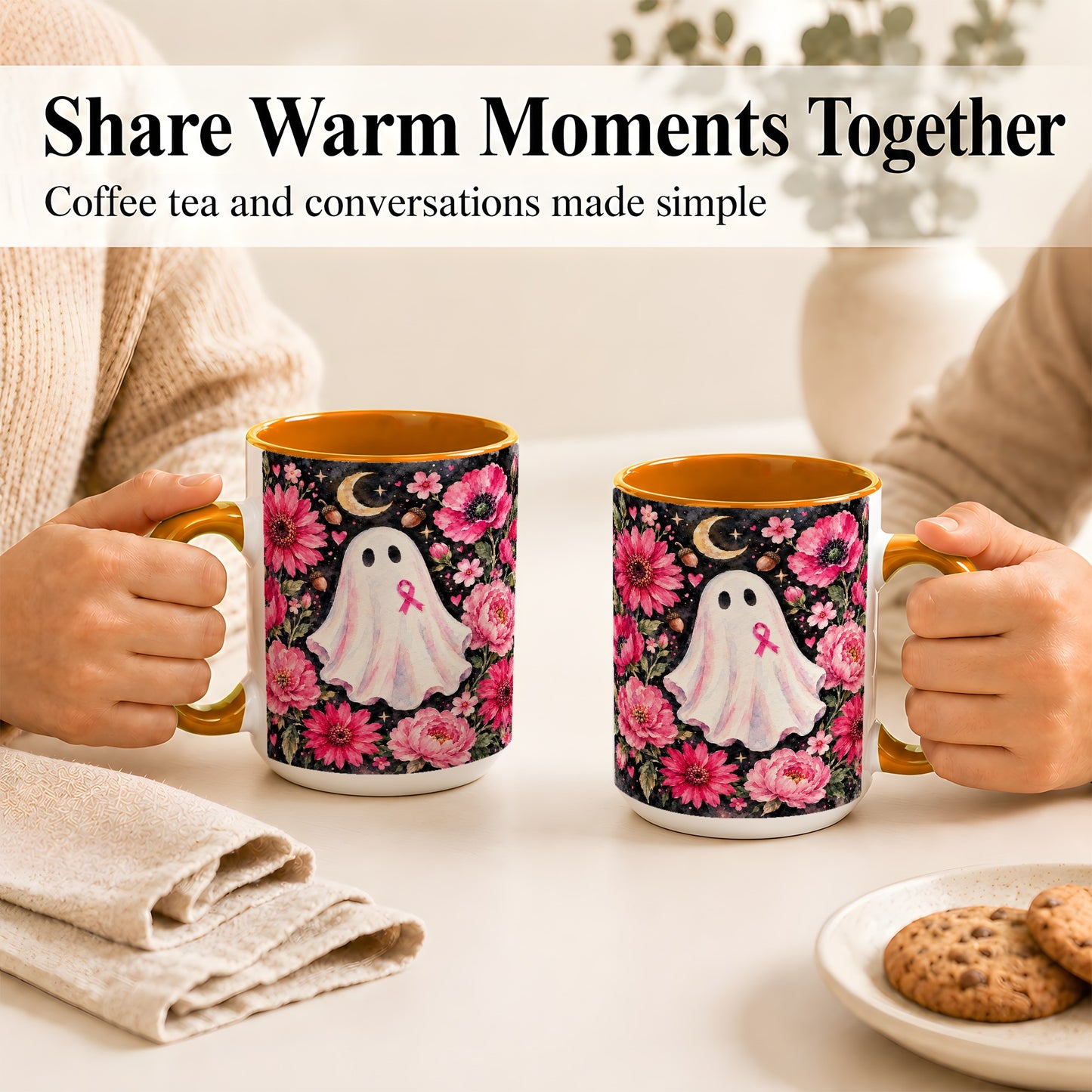 #pl[15oz|Orange] Pink Floral Ghost Coffee Mug, Awareness Ribbon Moon Mug, Ceramic Cup