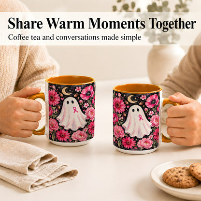 #pl[15oz|Orange] Pink Floral Ghost Coffee Mug, Awareness Ribbon Moon Mug, Ceramic Cup