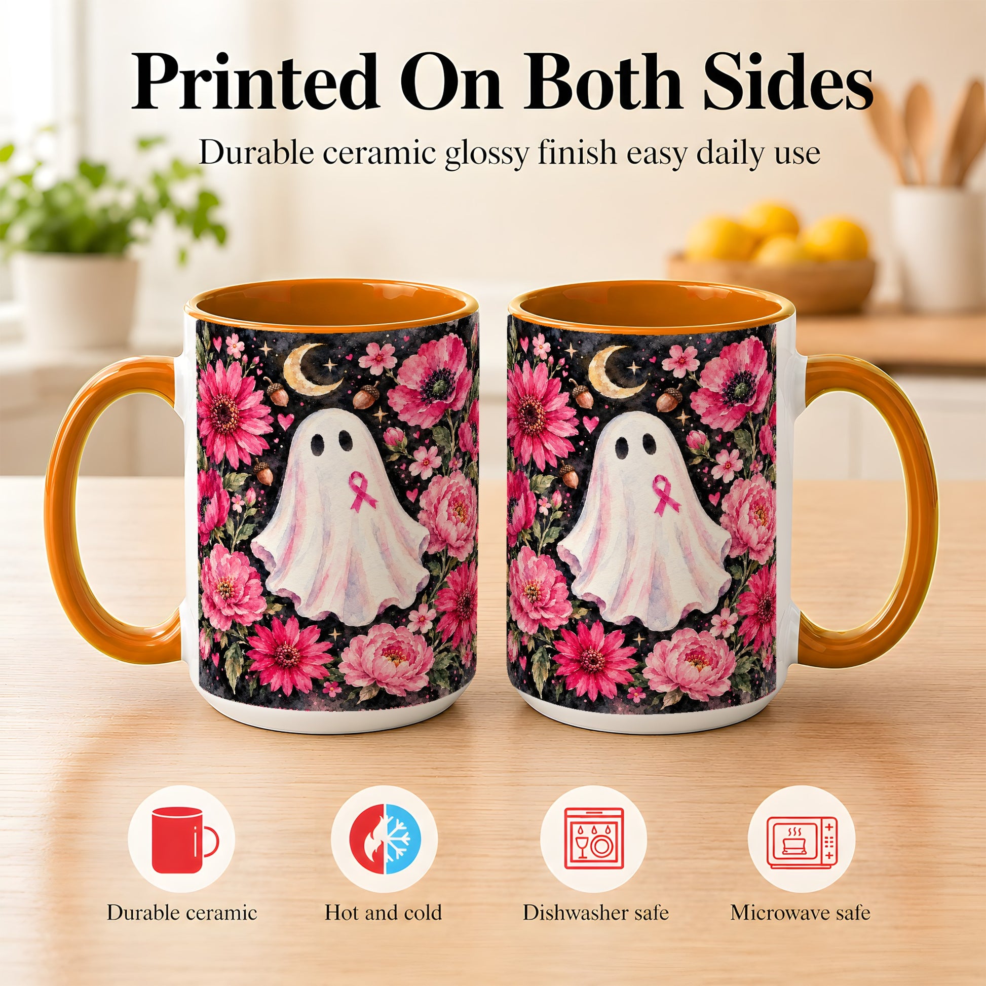 #pl[15oz|Orange] Pink Floral Ghost Coffee Mug, Awareness Ribbon Moon Mug, Ceramic Cup