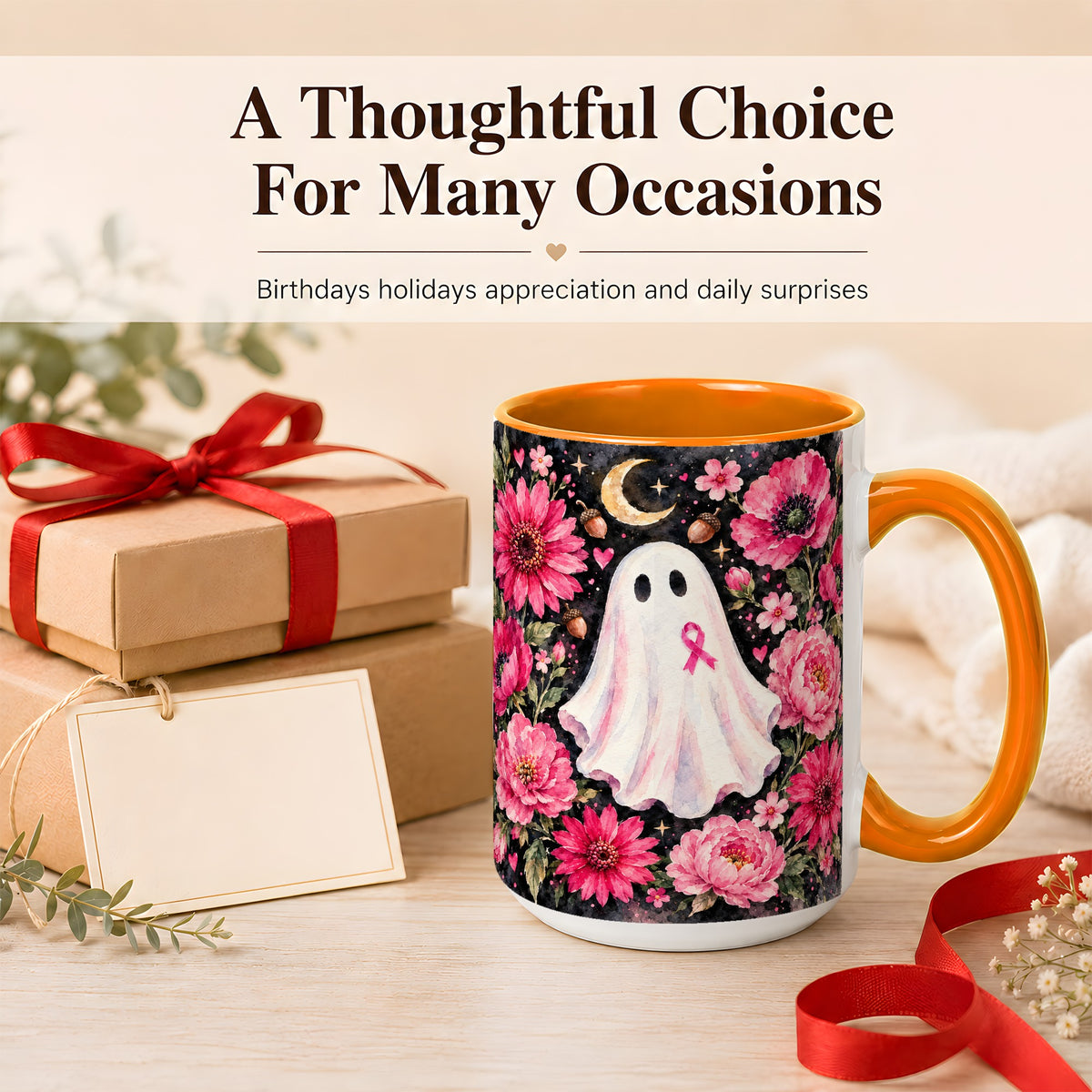#pl[15oz|Orange] Pink Floral Ghost Coffee Mug, Awareness Ribbon Moon Mug, Ceramic Cup