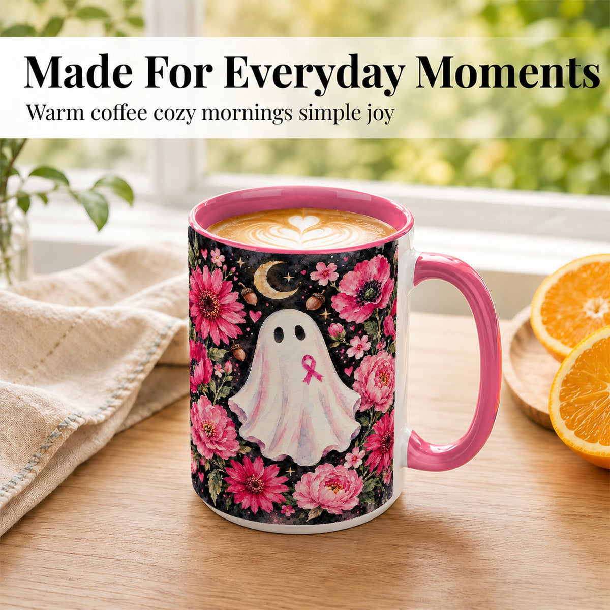 #pl[15oz|Pink] Pink Floral Ghost Coffee Mug, Awareness Ribbon Moon Mug, Ceramic Cup