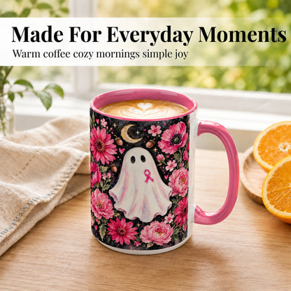 #pl[15oz|Pink] Pink Floral Ghost Coffee Mug, Awareness Ribbon Moon Mug, Ceramic Cup