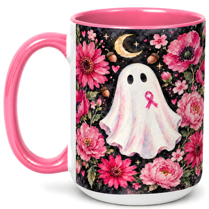 #pl[15oz|Pink] Pink Floral Ghost Coffee Mug, Awareness Ribbon Moon Mug, Ceramic Cup