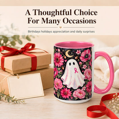 #pl[15oz|Pink] Pink Floral Ghost Coffee Mug, Awareness Ribbon Moon Mug, Ceramic Cup