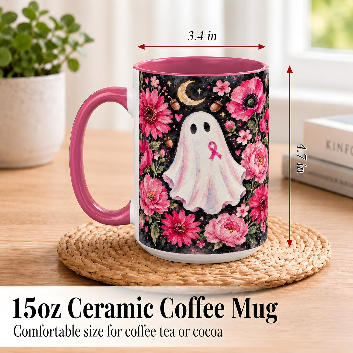 #pl[15oz|Pink] Pink Floral Ghost Coffee Mug, Awareness Ribbon Moon Mug, Ceramic Cup