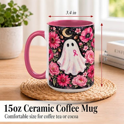 #pl[15oz|Pink] Pink Floral Ghost Coffee Mug, Awareness Ribbon Moon Mug, Ceramic Cup