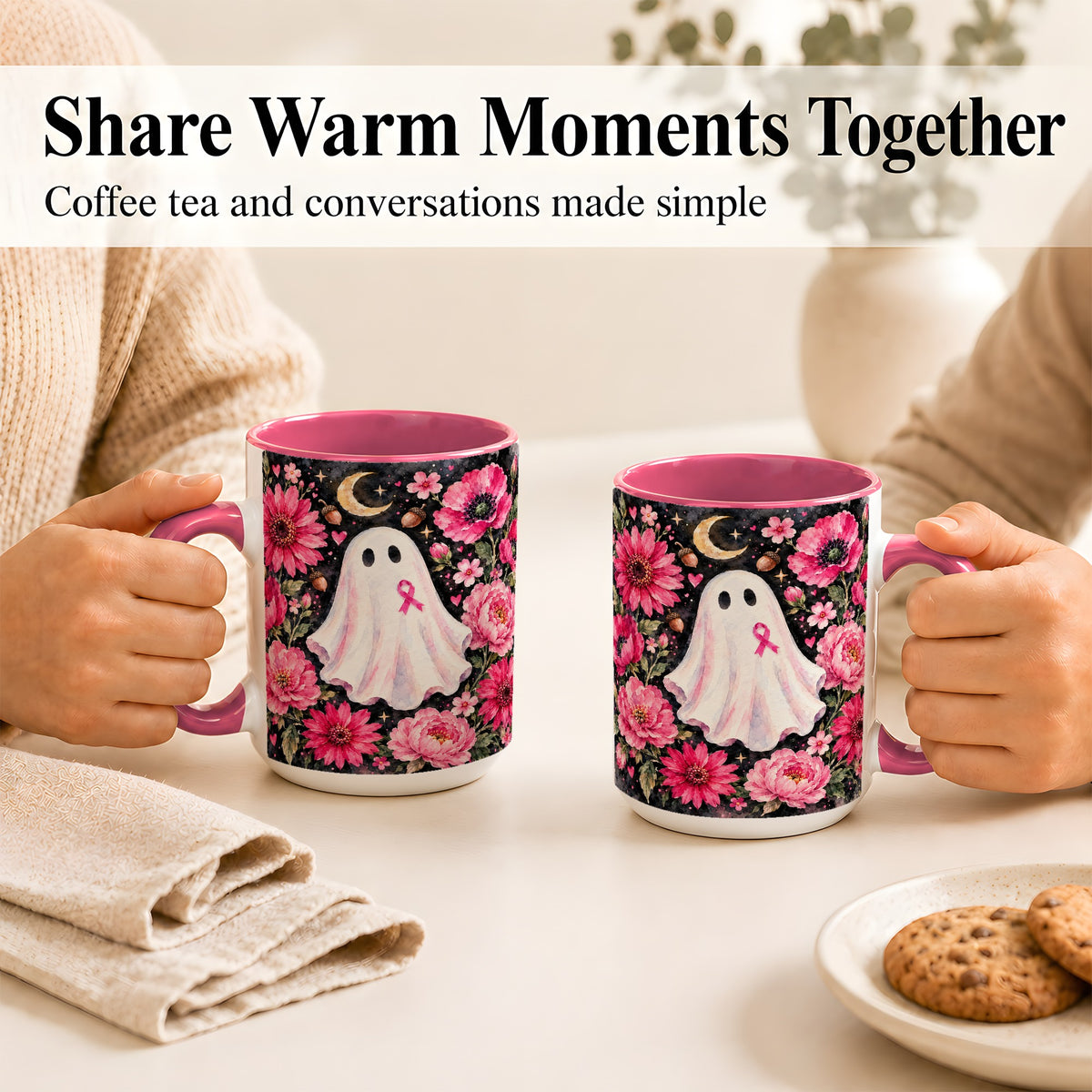 #pl[15oz|Pink] Pink Floral Ghost Coffee Mug, Awareness Ribbon Moon Mug, Ceramic Cup