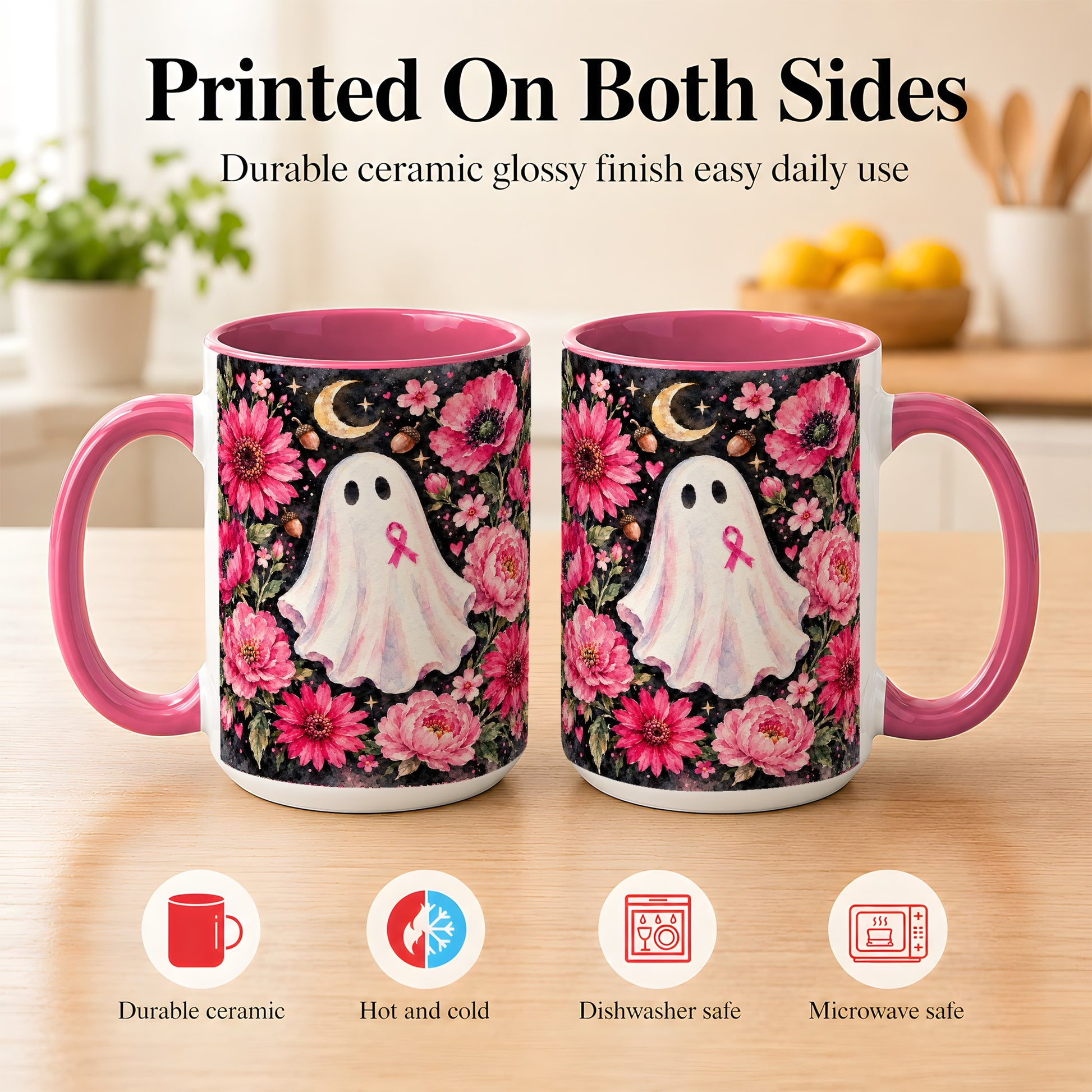 #pl[15oz|Pink] Pink Floral Ghost Coffee Mug, Awareness Ribbon Moon Mug, Ceramic Cup