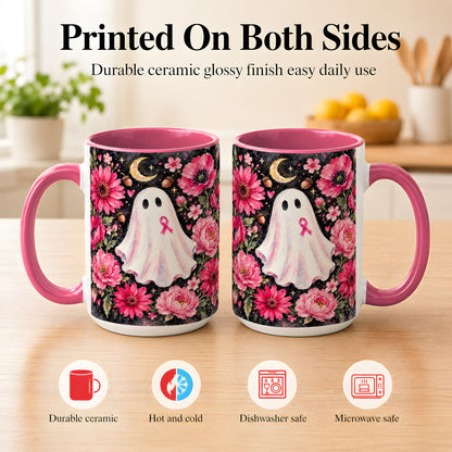 #pl[15oz|Pink] Pink Floral Ghost Coffee Mug, Awareness Ribbon Moon Mug, Ceramic Cup