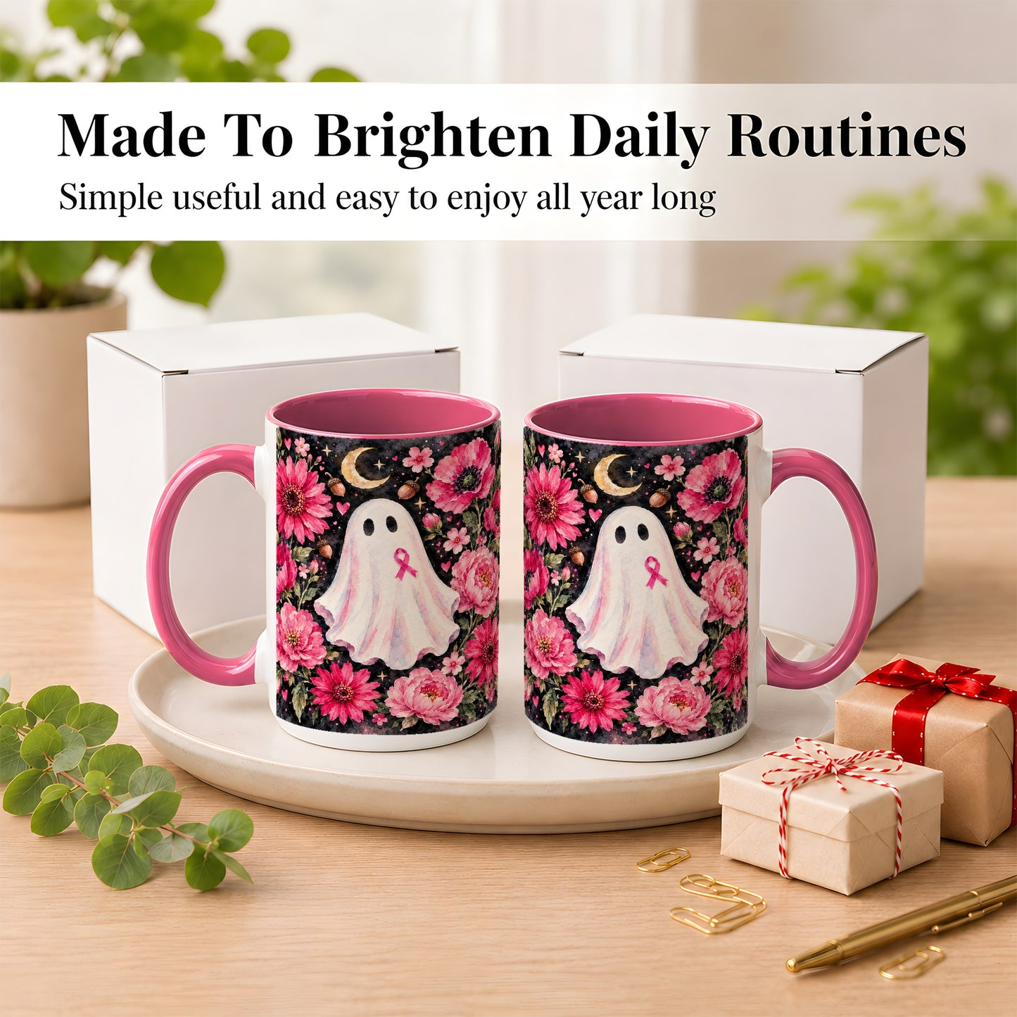 #pl[15oz|Pink] Pink Floral Ghost Coffee Mug, Awareness Ribbon Moon Mug, Ceramic Cup