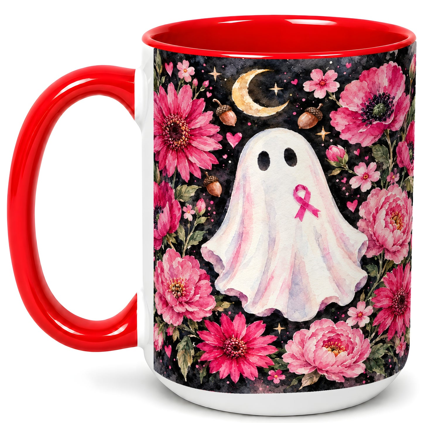 #pl[15oz|Red] Pink Floral Ghost Coffee Mug, Awareness Ribbon Moon Mug, Ceramic Cup
