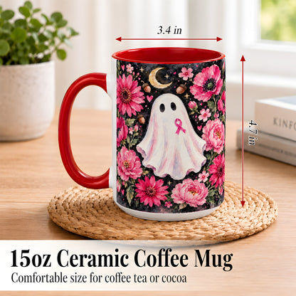 #pl[15oz|Red] Pink Floral Ghost Coffee Mug, Awareness Ribbon Moon Mug, Ceramic Cup