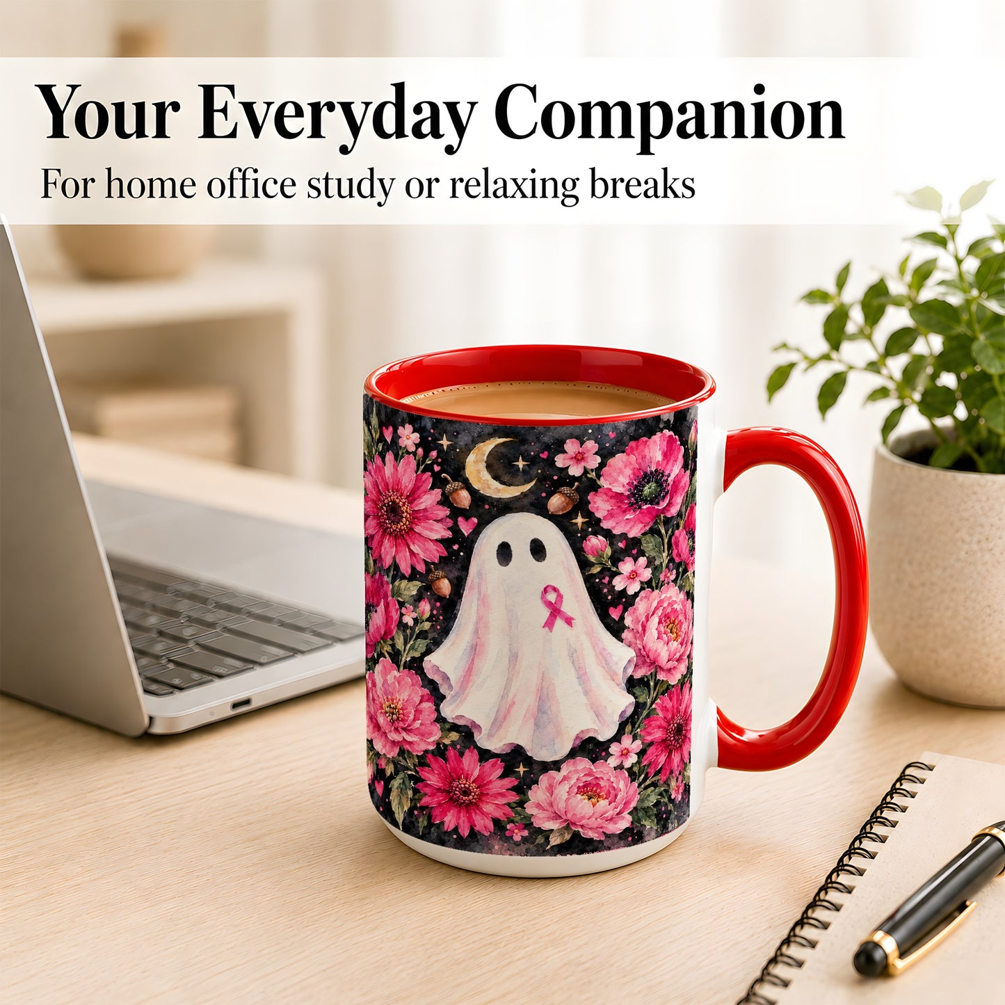 #pl[15oz|Red] Pink Floral Ghost Coffee Mug, Awareness Ribbon Moon Mug, Ceramic Cup
