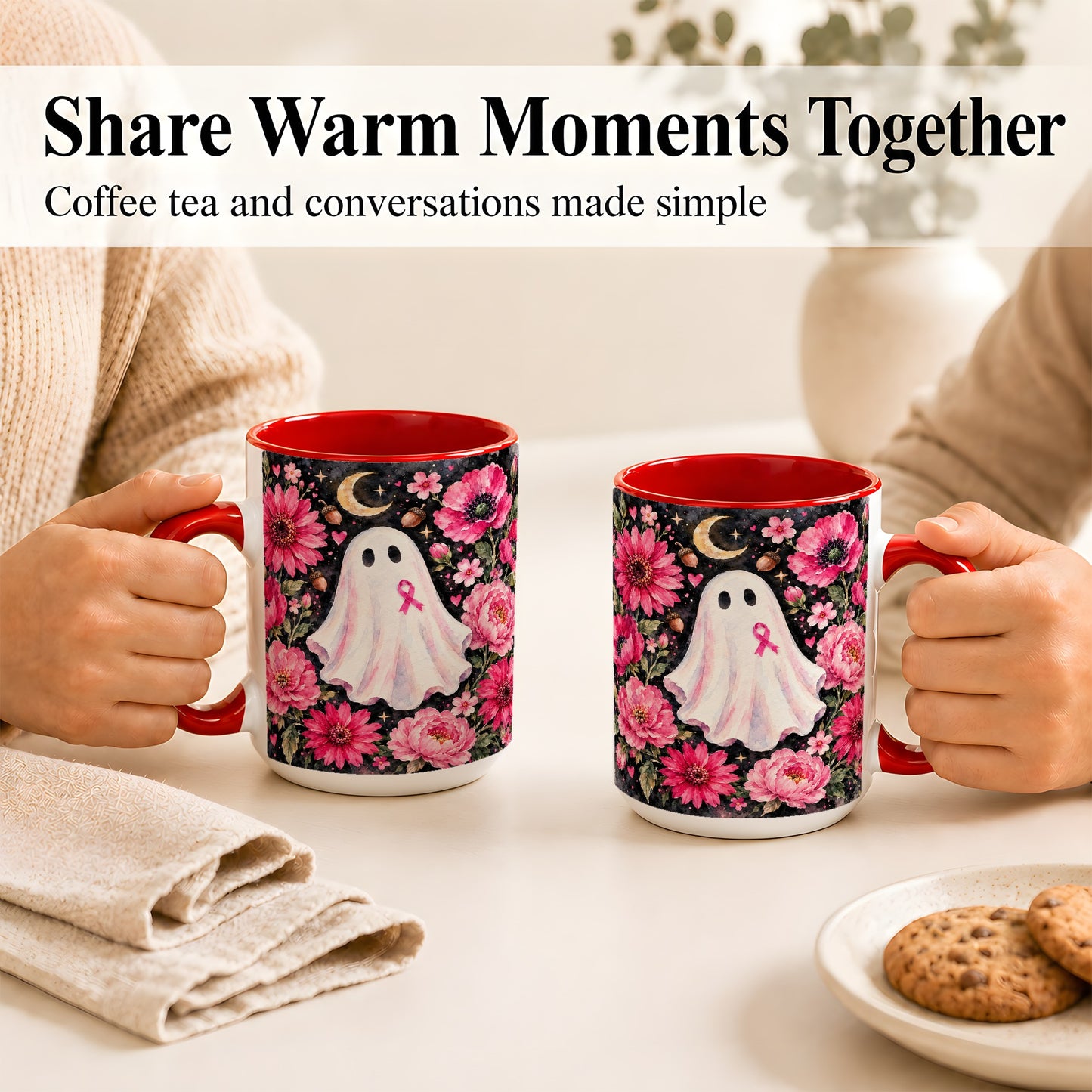 #pl[15oz|Red] Pink Floral Ghost Coffee Mug, Awareness Ribbon Moon Mug, Ceramic Cup