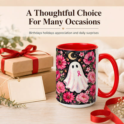 #pl[15oz|Red] Pink Floral Ghost Coffee Mug, Awareness Ribbon Moon Mug, Ceramic Cup