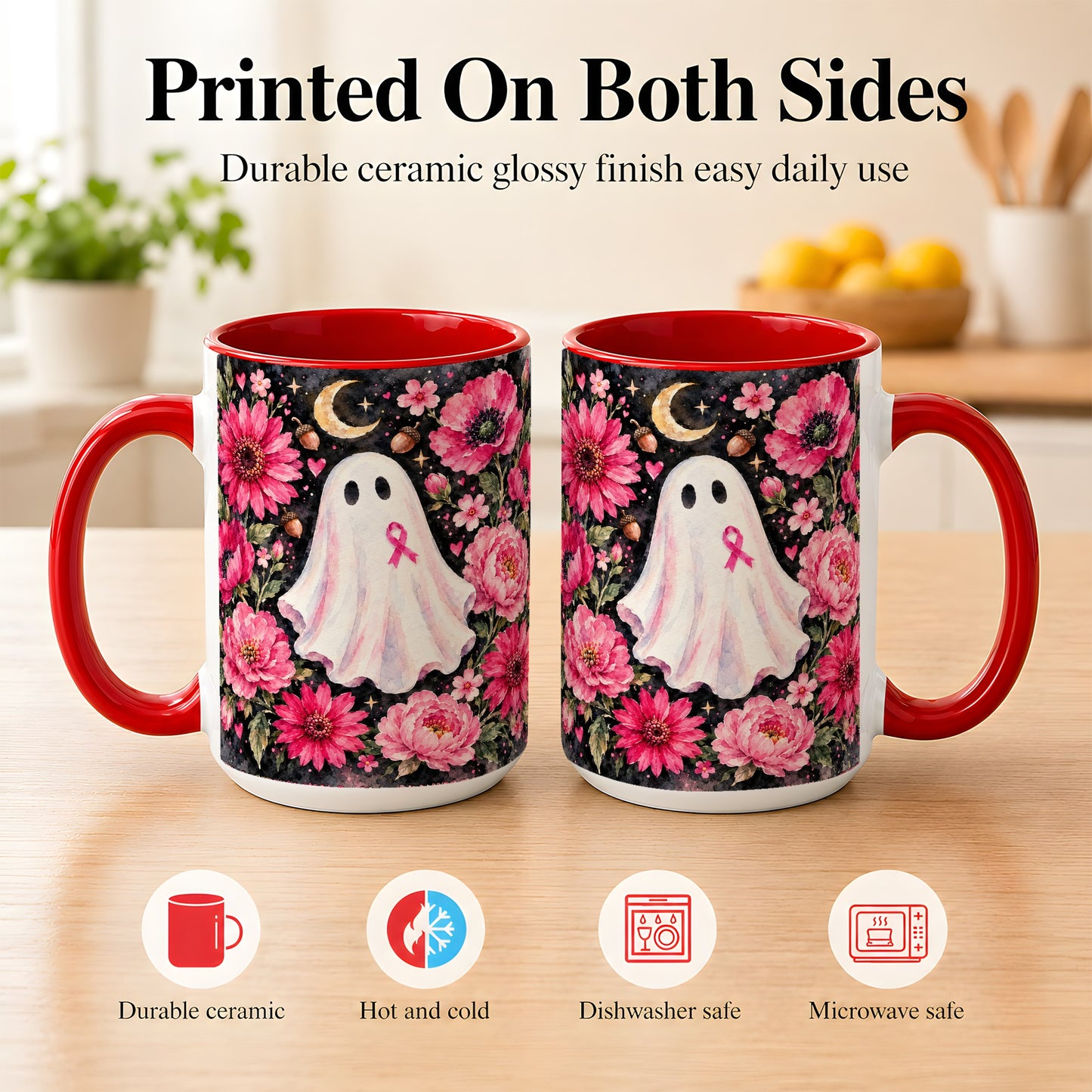 #pl[15oz|Red] Pink Floral Ghost Coffee Mug, Awareness Ribbon Moon Mug, Ceramic Cup