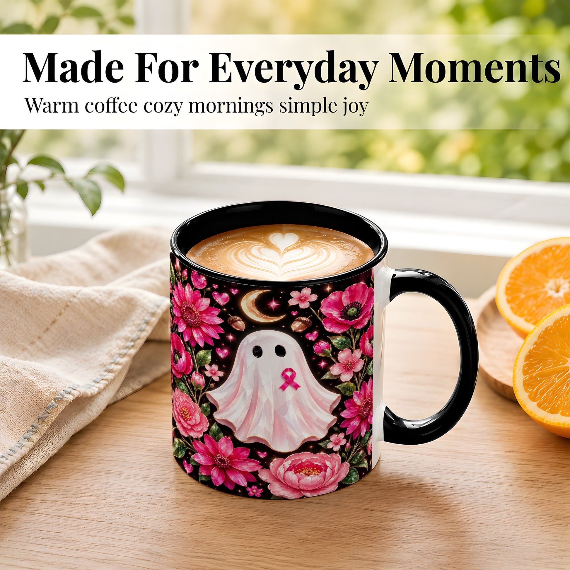 #pl[11oz|Black] Gem Style Pink Ghost Coffee Mug, Awareness Ribbon Mug, Ceramic Cup