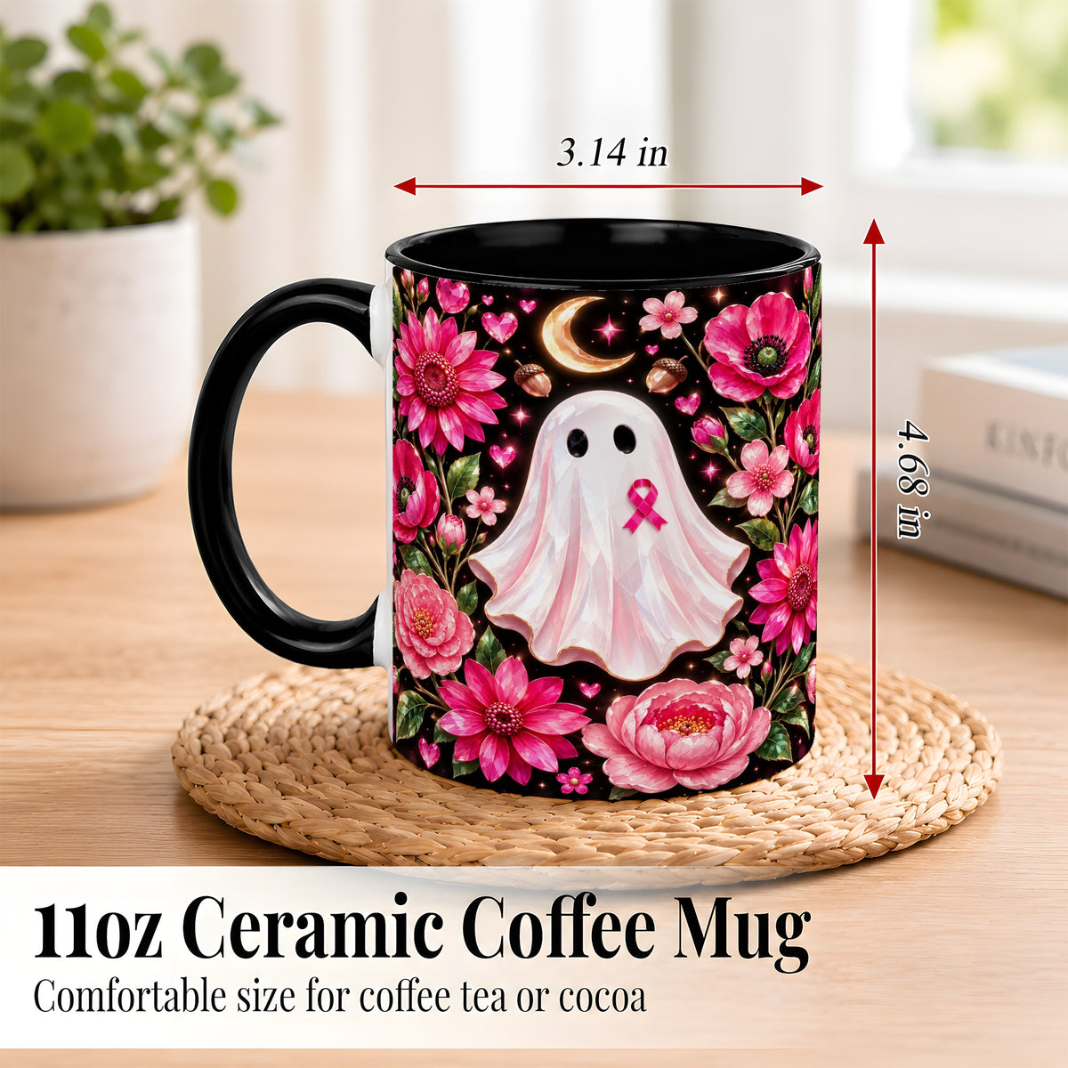 #pl[11oz|Black] Gem Style Pink Ghost Coffee Mug, Awareness Ribbon Mug, Ceramic Cup