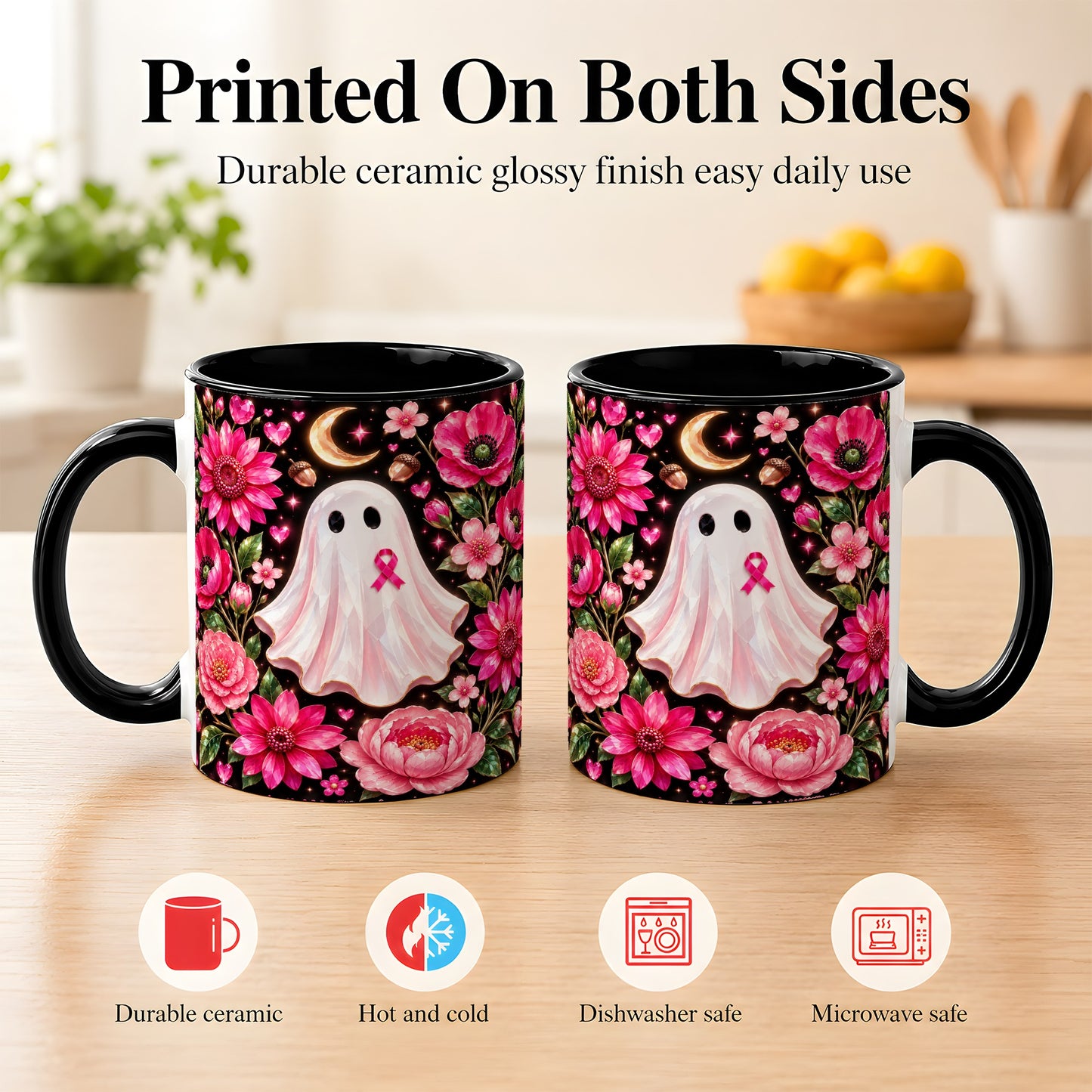 #pl[11oz|Black] Gem Style Pink Ghost Coffee Mug, Awareness Ribbon Mug, Ceramic Cup