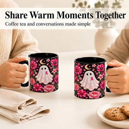 #pl[11oz|Black] Gem Style Pink Ghost Coffee Mug, Awareness Ribbon Mug, Ceramic Cup