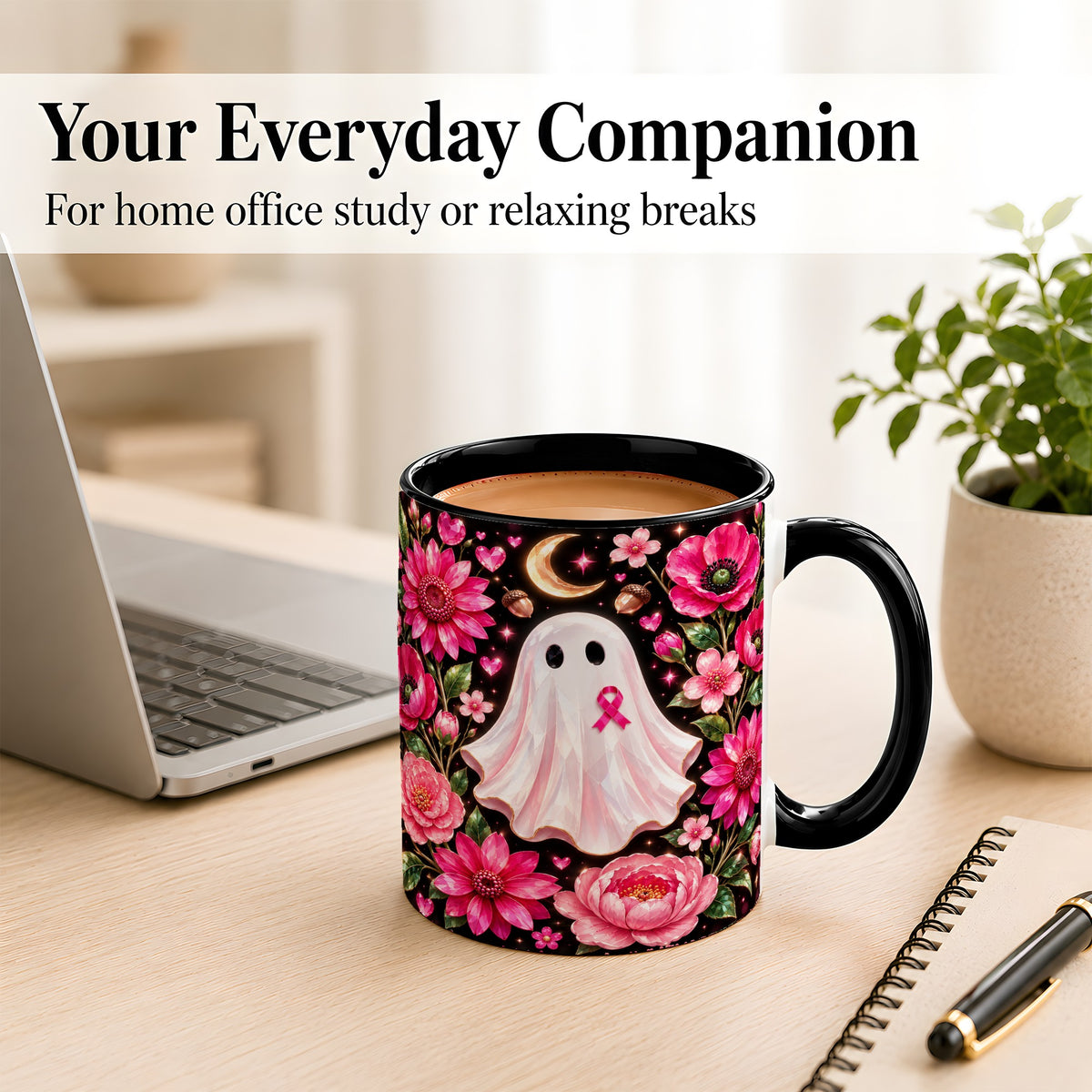 #pl[11oz|Black] Gem Style Pink Ghost Coffee Mug, Awareness Ribbon Mug, Ceramic Cup