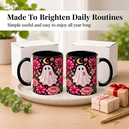 #pl[11oz|Black] Gem Style Pink Ghost Coffee Mug, Awareness Ribbon Mug, Ceramic Cup
