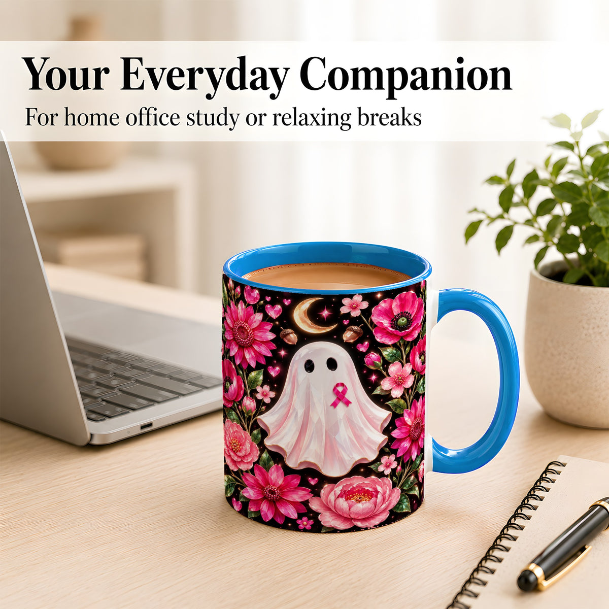 #pl[11oz|Blue] Gem Style Pink Ghost Coffee Mug, Awareness Ribbon Mug, Ceramic Cup