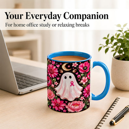 #pl[11oz|Blue] Gem Style Pink Ghost Coffee Mug, Awareness Ribbon Mug, Ceramic Cup