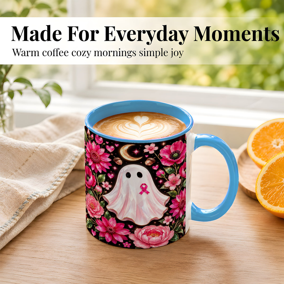 #pl[11oz|Blue] Gem Style Pink Ghost Coffee Mug, Awareness Ribbon Mug, Ceramic Cup
