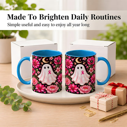 #pl[11oz|Blue] Gem Style Pink Ghost Coffee Mug, Awareness Ribbon Mug, Ceramic Cup