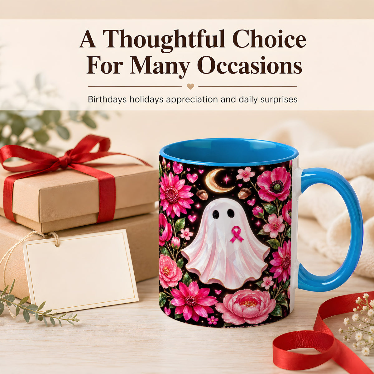 #pl[11oz|Blue] Gem Style Pink Ghost Coffee Mug, Awareness Ribbon Mug, Ceramic Cup