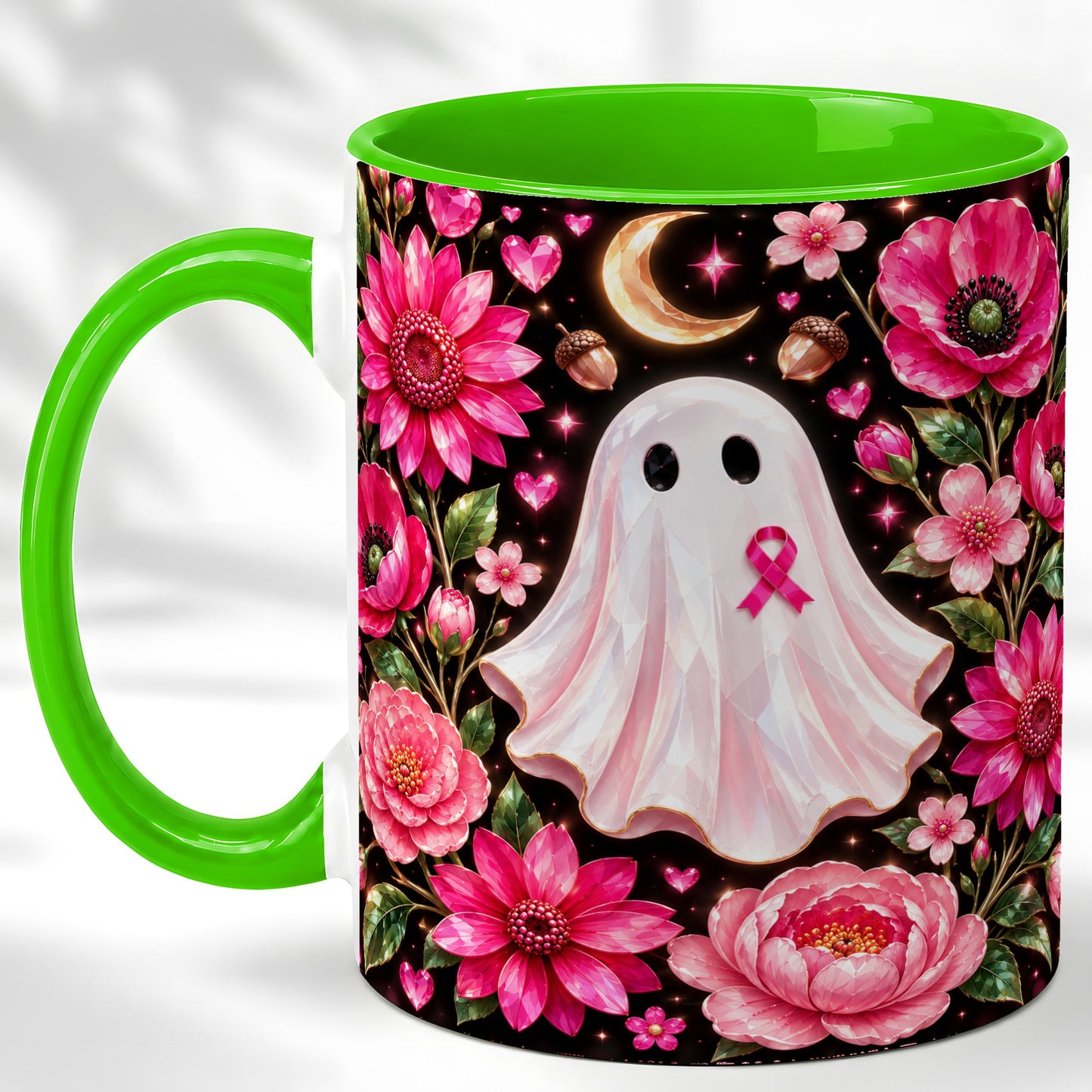 #pl[11oz|Green] Gem Style Pink Ghost Coffee Mug, Awareness Ribbon Mug, Ceramic Cup