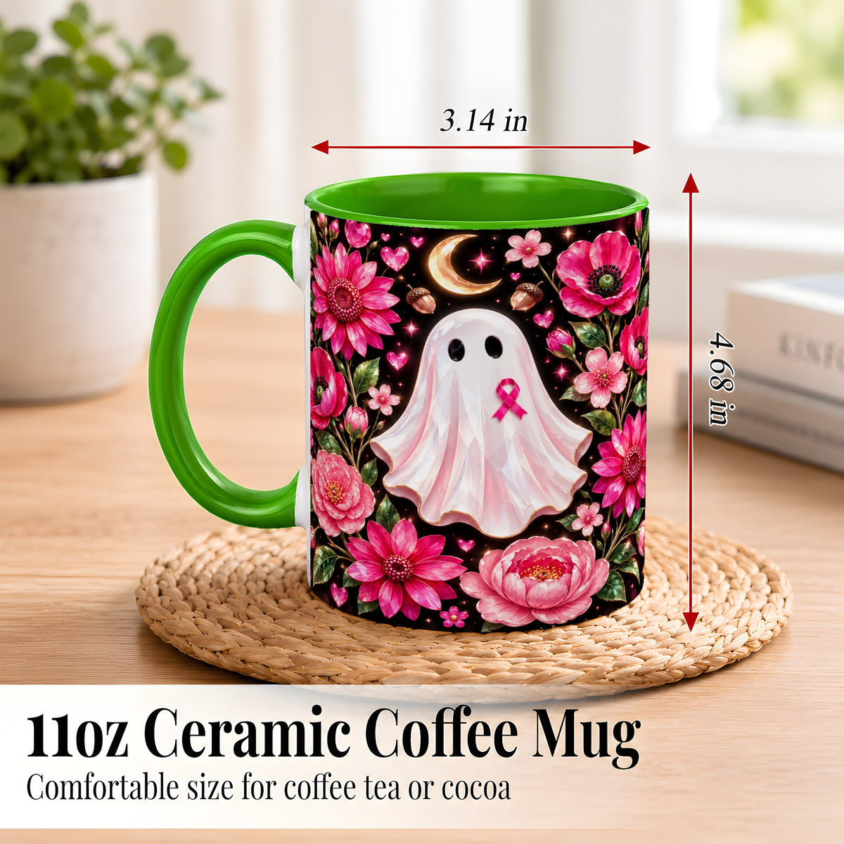 #pl[11oz|Green] Gem Style Pink Ghost Coffee Mug, Awareness Ribbon Mug, Ceramic Cup