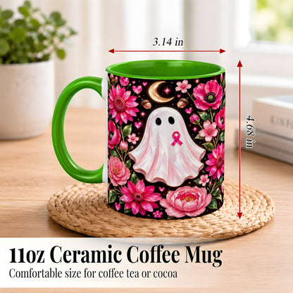 #pl[11oz|Green] Gem Style Pink Ghost Coffee Mug, Awareness Ribbon Mug, Ceramic Cup