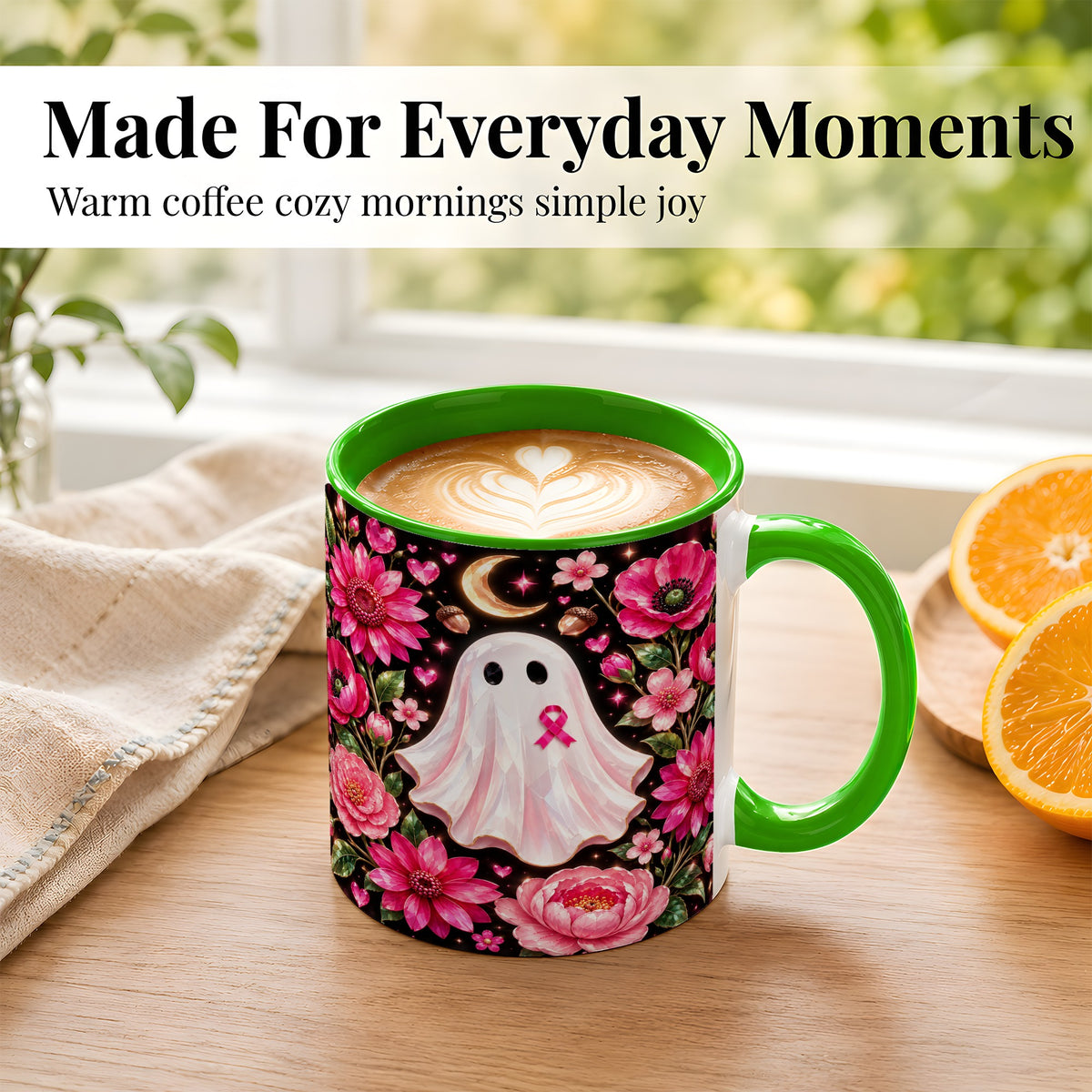 #pl[11oz|Green] Gem Style Pink Ghost Coffee Mug, Awareness Ribbon Mug, Ceramic Cup
