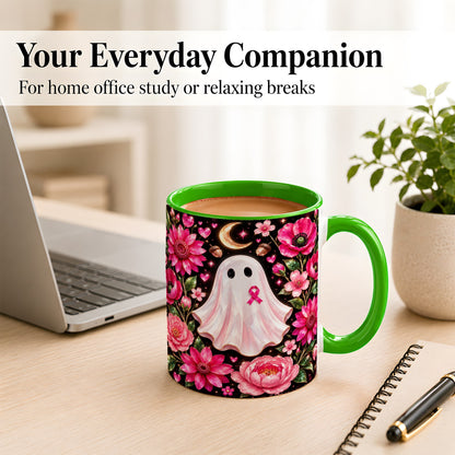 #pl[11oz|Green] Gem Style Pink Ghost Coffee Mug, Awareness Ribbon Mug, Ceramic Cup