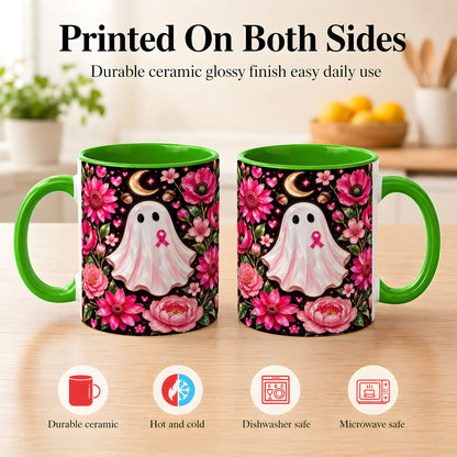 #pl[11oz|Green] Gem Style Pink Ghost Coffee Mug, Awareness Ribbon Mug, Ceramic Cup