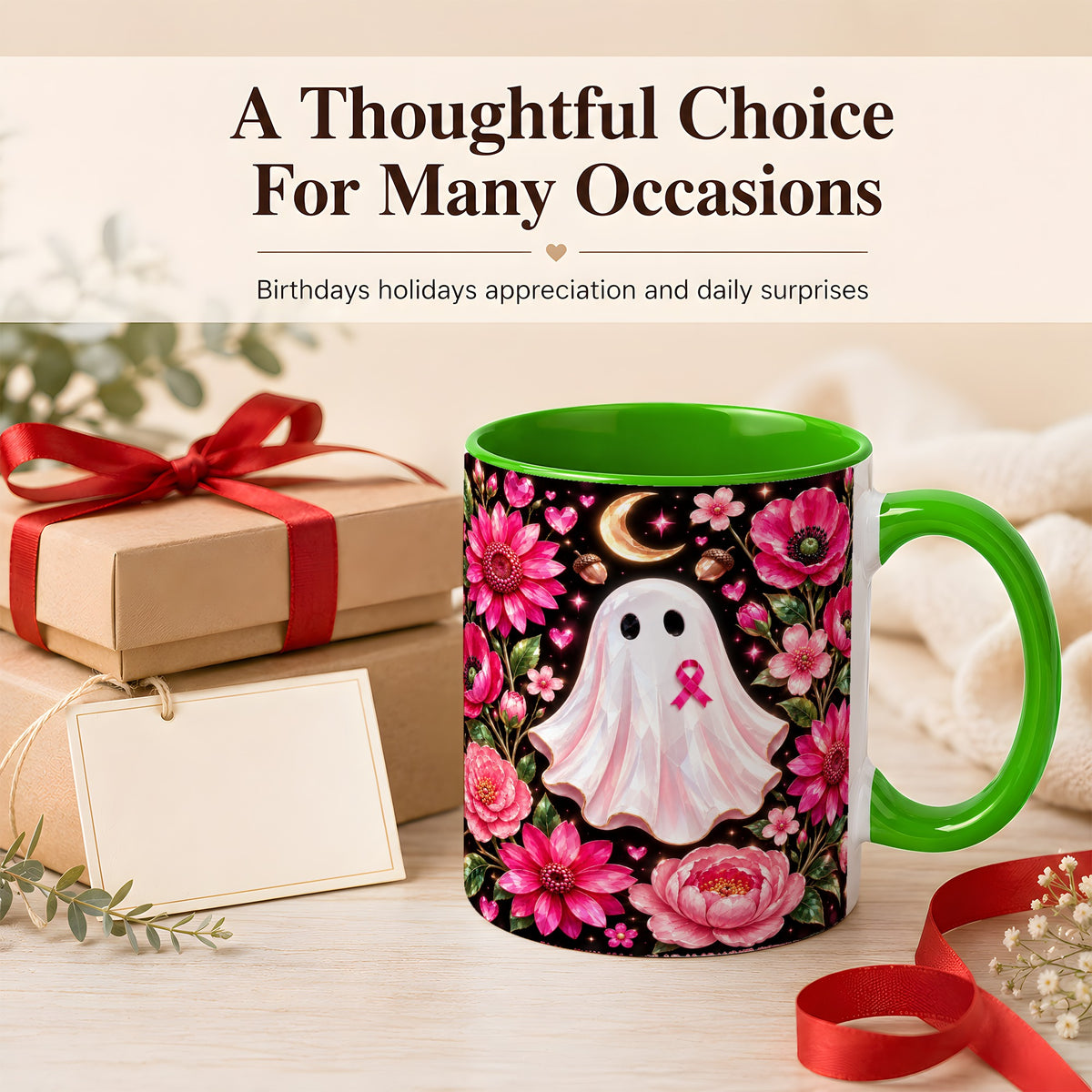#pl[11oz|Green] Gem Style Pink Ghost Coffee Mug, Awareness Ribbon Mug, Ceramic Cup