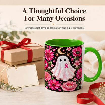 #pl[11oz|Green] Gem Style Pink Ghost Coffee Mug, Awareness Ribbon Mug, Ceramic Cup