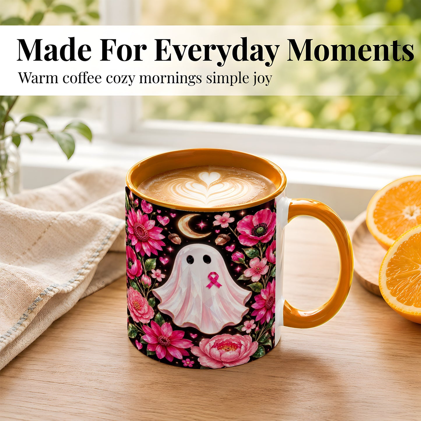 #pl[11oz|Orange] Gem Style Pink Ghost Coffee Mug, Awareness Ribbon Mug, Ceramic Cup