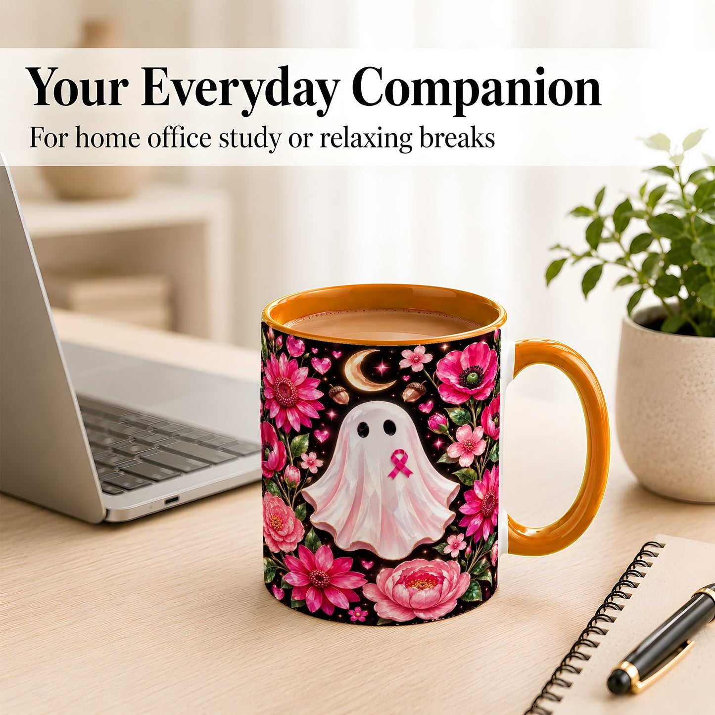 #pl[11oz|Orange] Gem Style Pink Ghost Coffee Mug, Awareness Ribbon Mug, Ceramic Cup