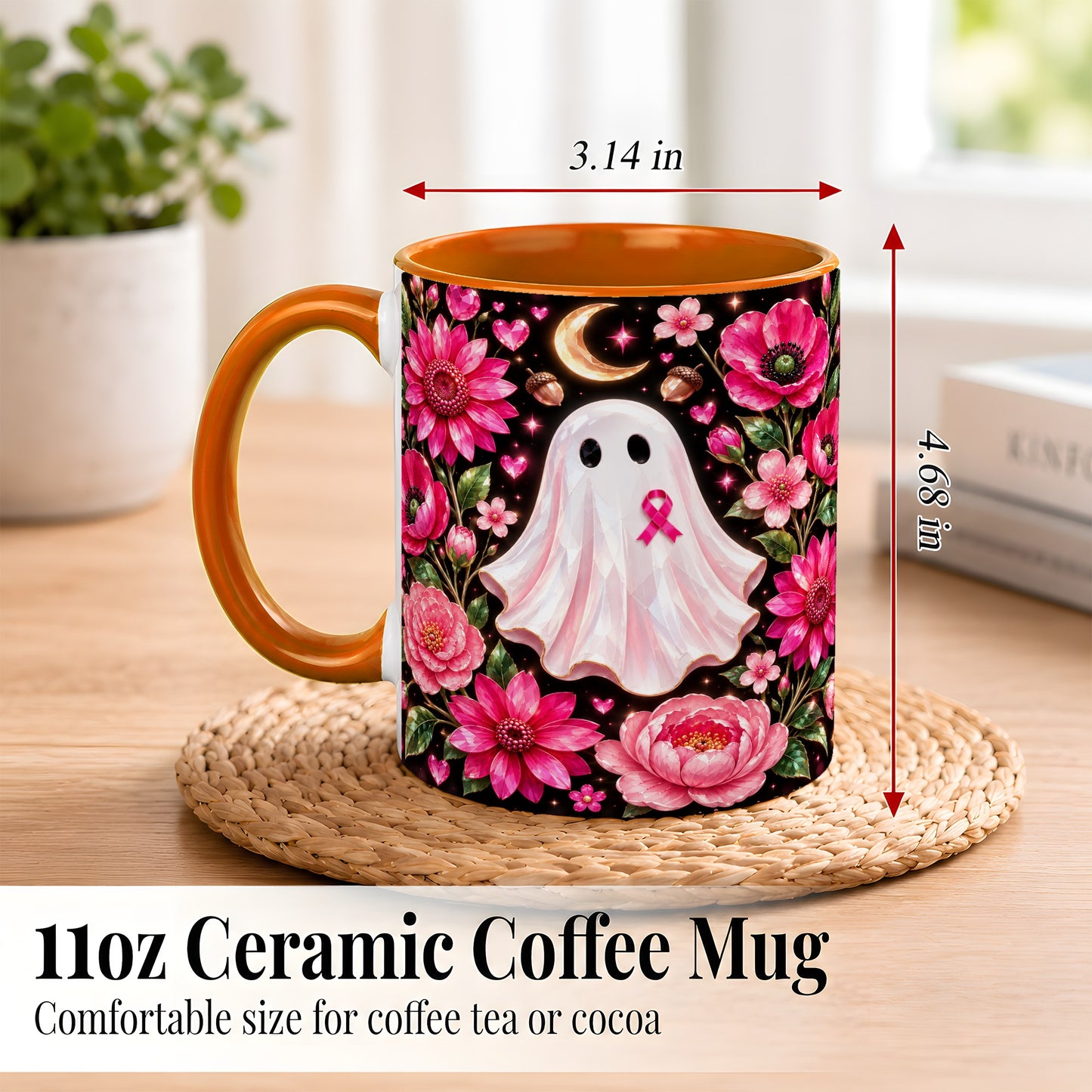 #pl[11oz|Orange] Gem Style Pink Ghost Coffee Mug, Awareness Ribbon Mug, Ceramic Cup