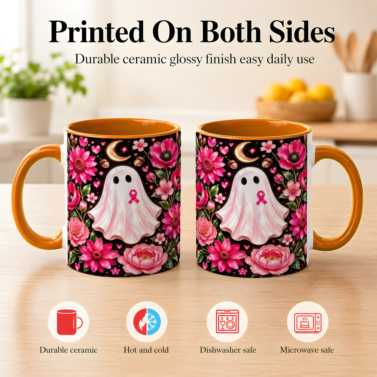#pl[11oz|Orange] Gem Style Pink Ghost Coffee Mug, Awareness Ribbon Mug, Ceramic Cup