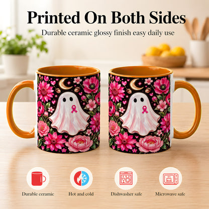 #pl[11oz|Orange] Gem Style Pink Ghost Coffee Mug, Awareness Ribbon Mug, Ceramic Cup